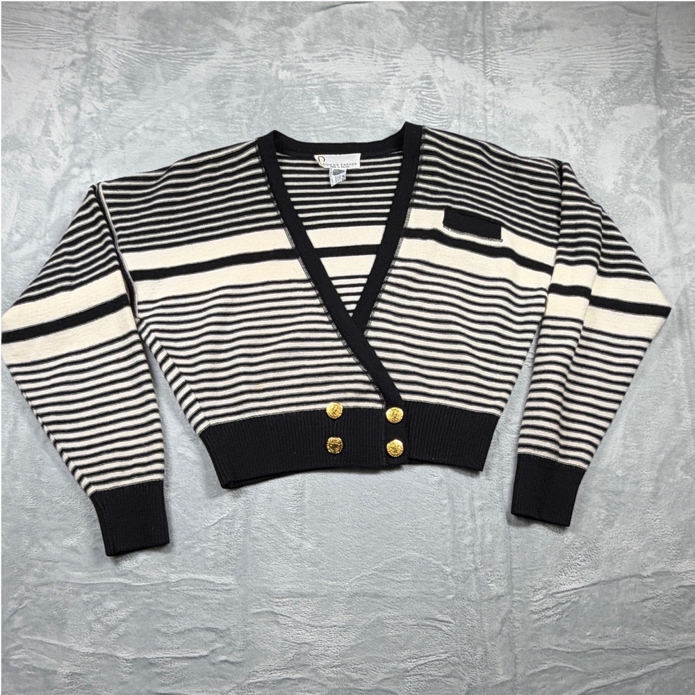 Donna Parker Wool Cardigan Made in France Black Cream Stripe Cropped Gold Button